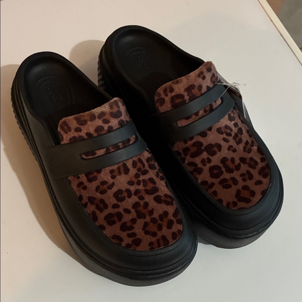 CROCS Black and Brown Animal Print Clogs